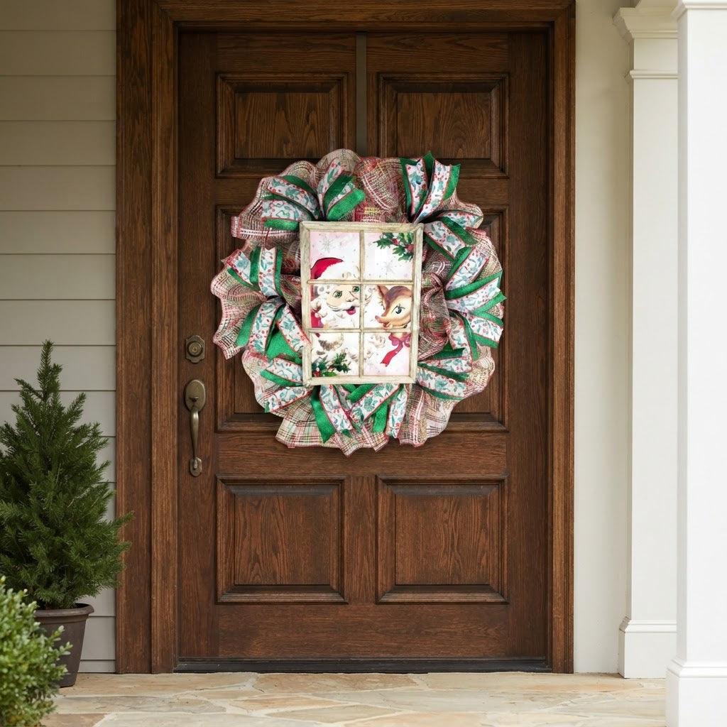 Vintage Santa and reindeer Christmas wreath displayed on wood front door