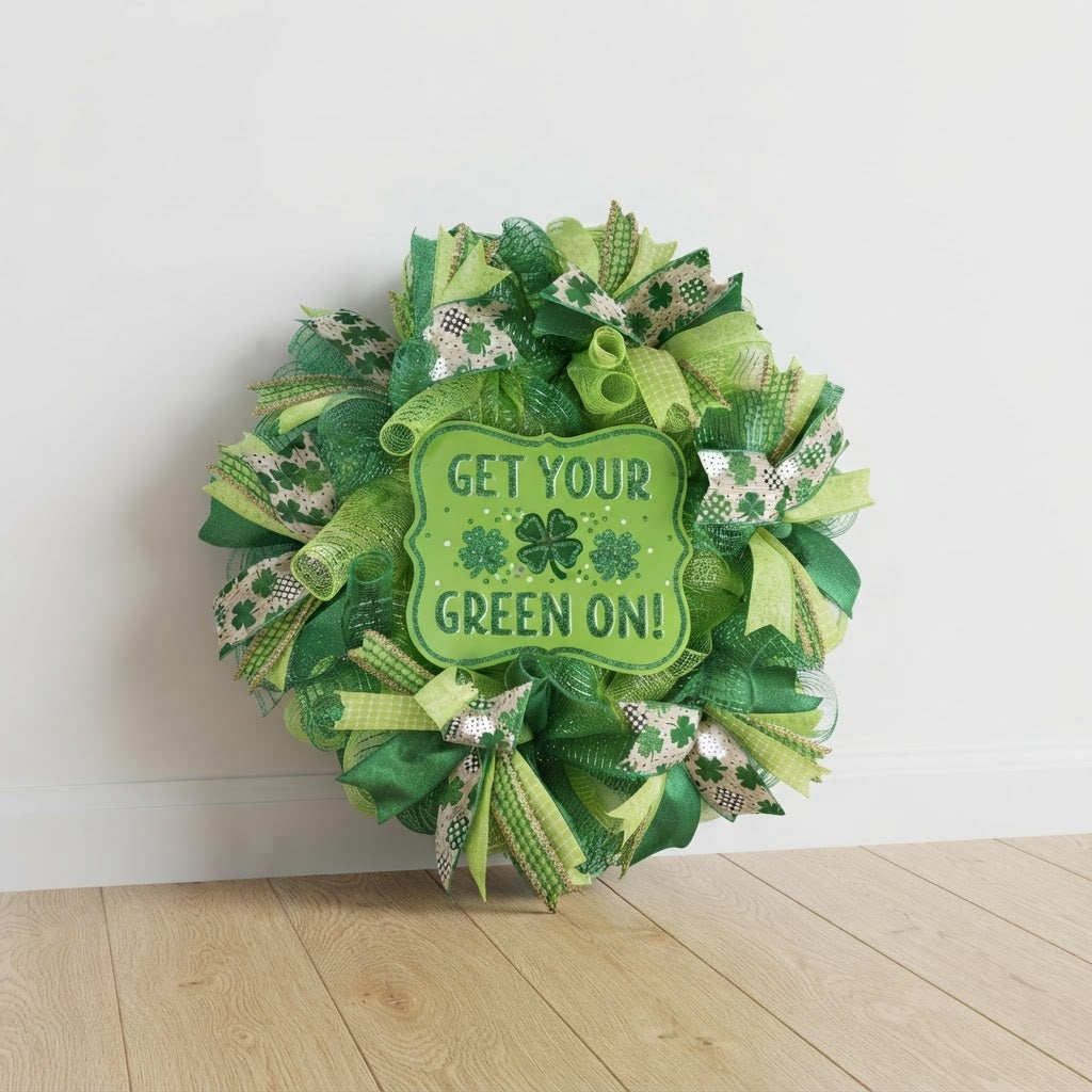 Close-up of designer shamrock ribbons and premium green mesh