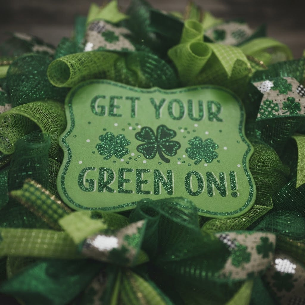 Angled view showing the fullness of the handmade shamrock wreath