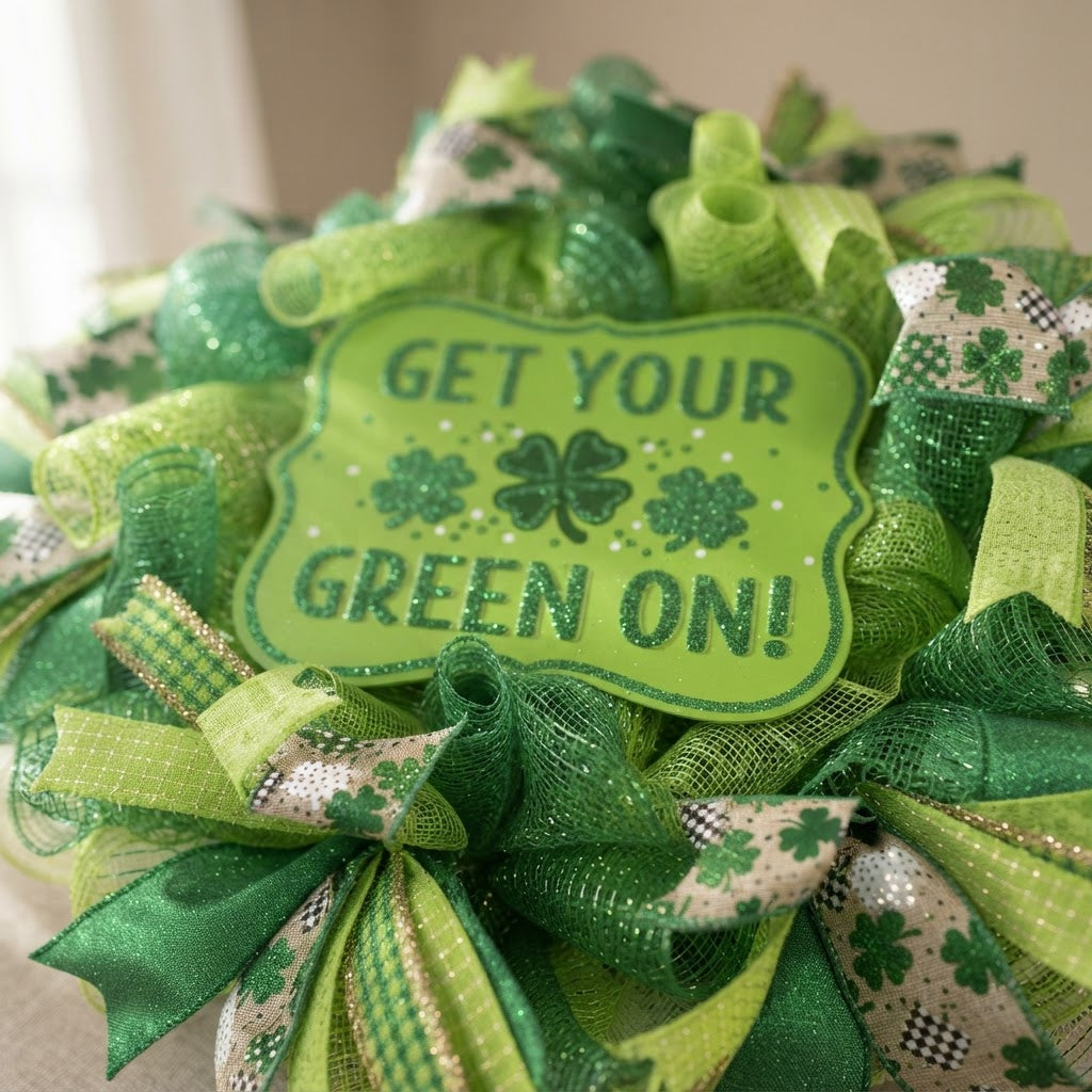 Close-up of the Get Your Green On wood shamrock sign and ribbons