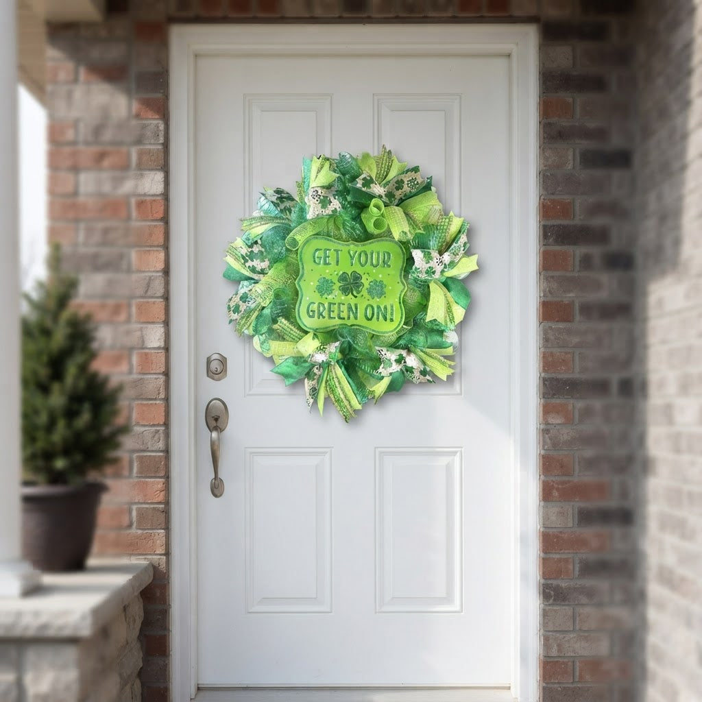 St. Patrick's Day shamrock wreath displayed on white door