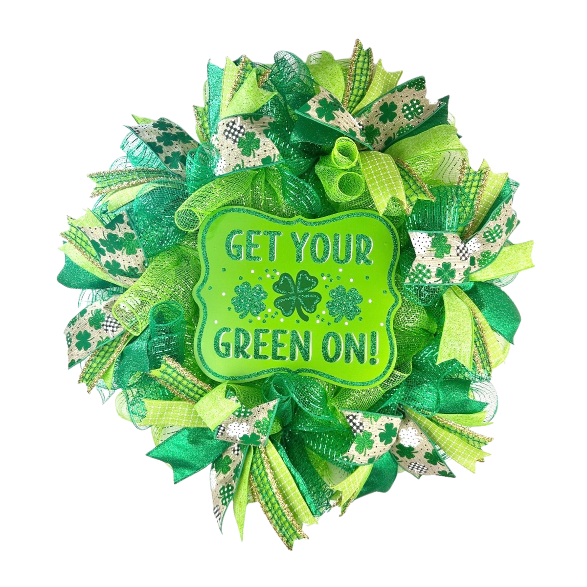 Handmade Get Your Green On shamrock mesh wreath with wood sign on white background