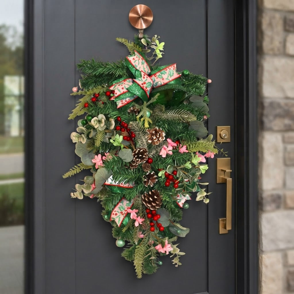 Emerald and pink Christmas teardrop swag displayed on dark front door