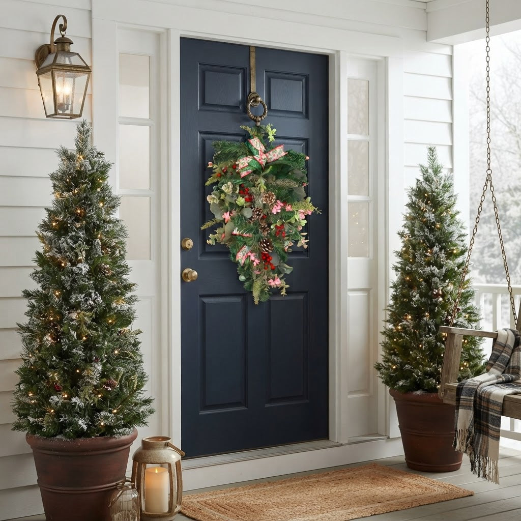 Christmas teardrop swag displayed on festive holiday front porch