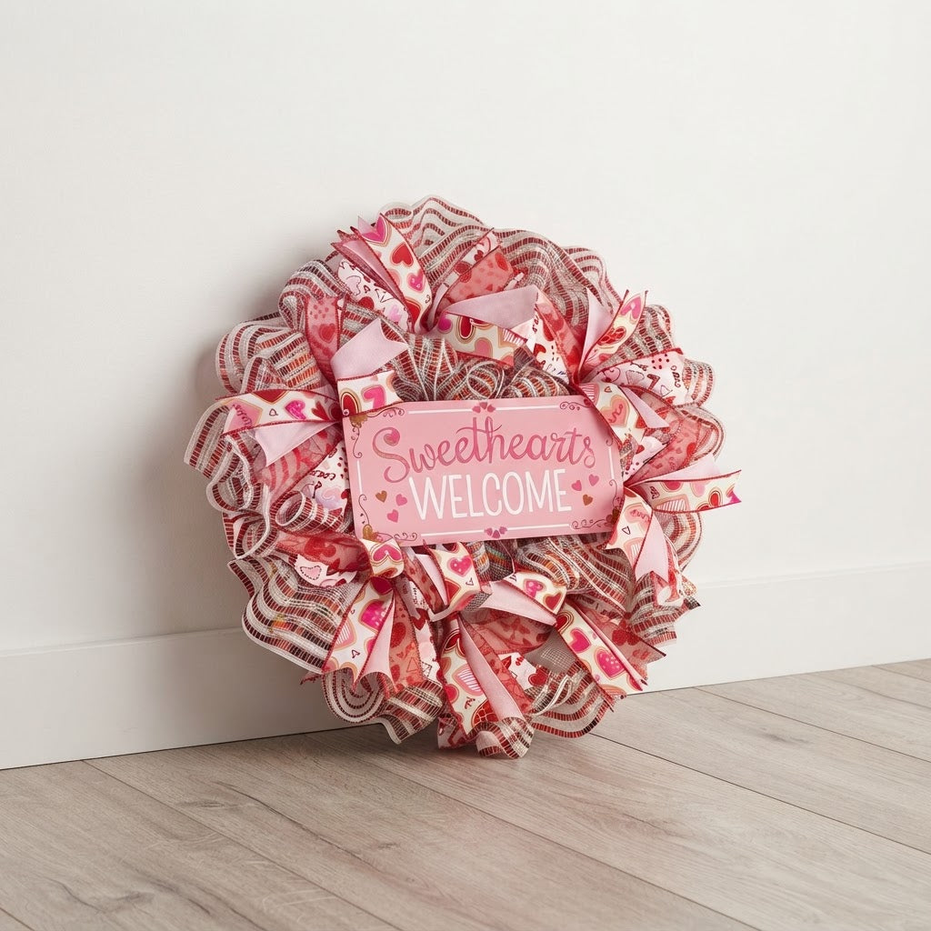 Handmade Sweethearts Welcome front door wreath by Purple Sunrise Designs