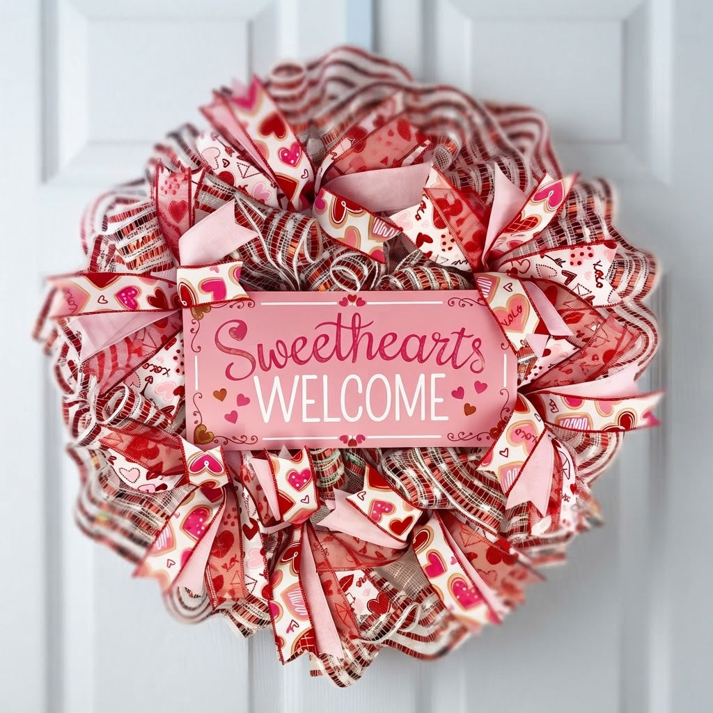 Sweethearts Welcome Valentine wreath displayed on white door