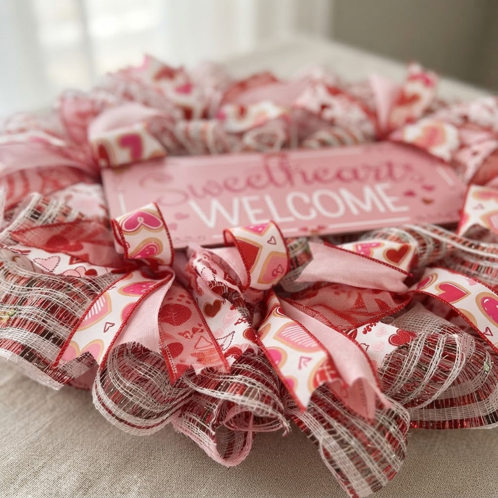 Close-up of heart ribbons on Sweethearts Welcome Valentine wreath