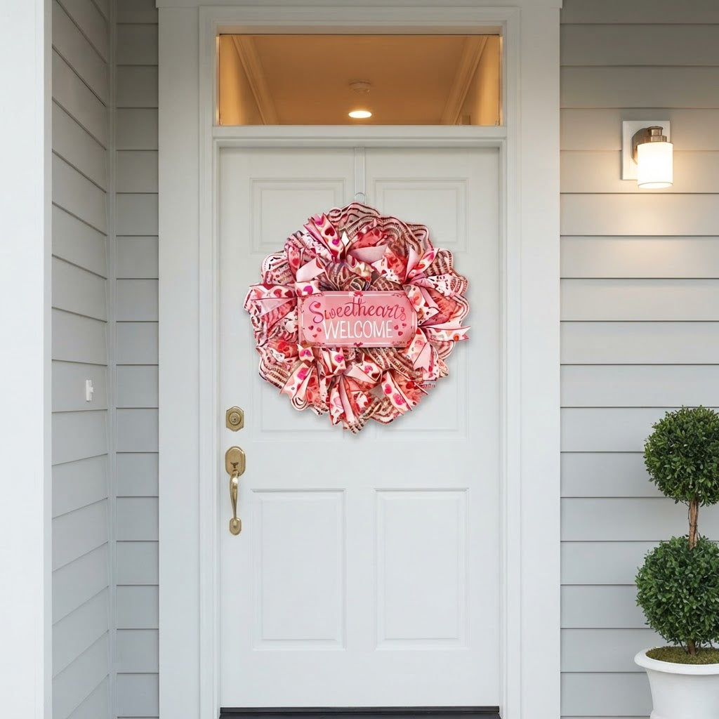 Handmade Valentine's Day mesh wreath displayed on front door