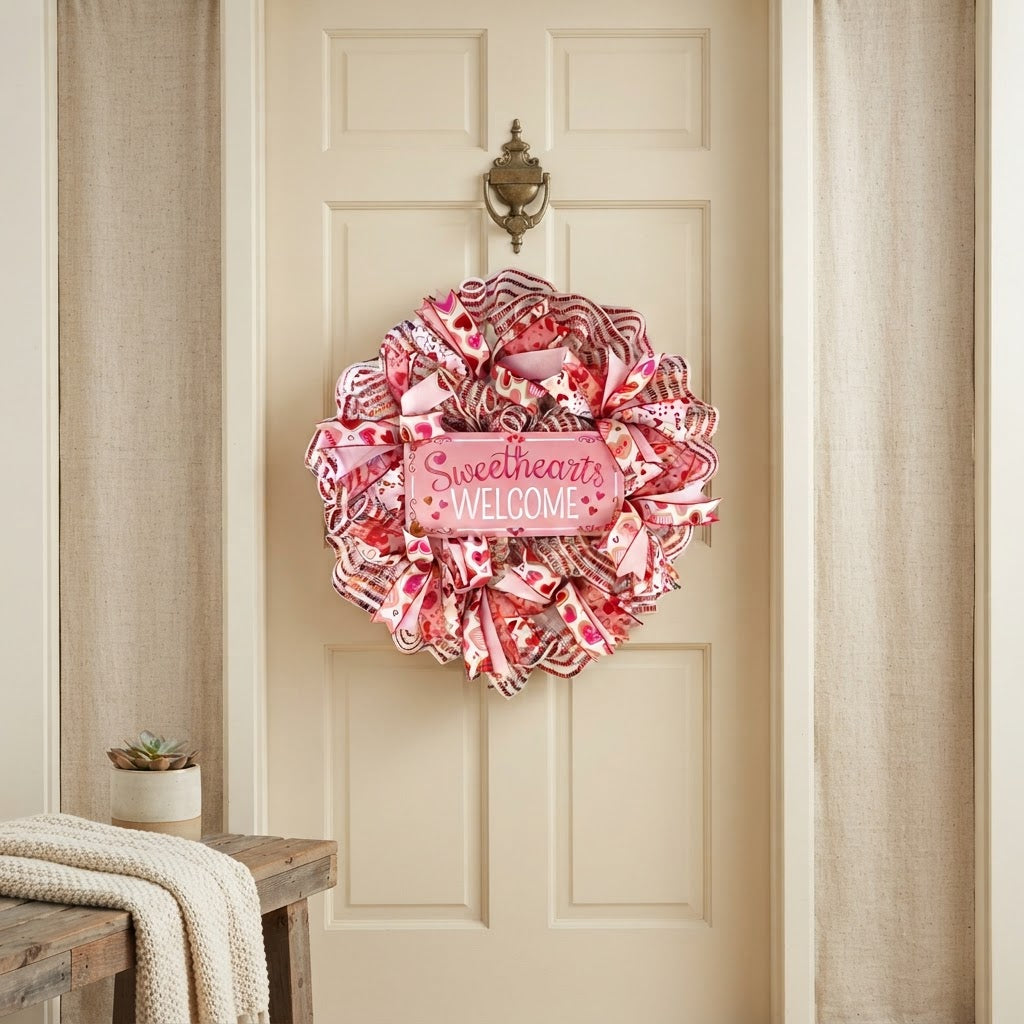 Pink and red Valentine wreath displayed as indoor home decor