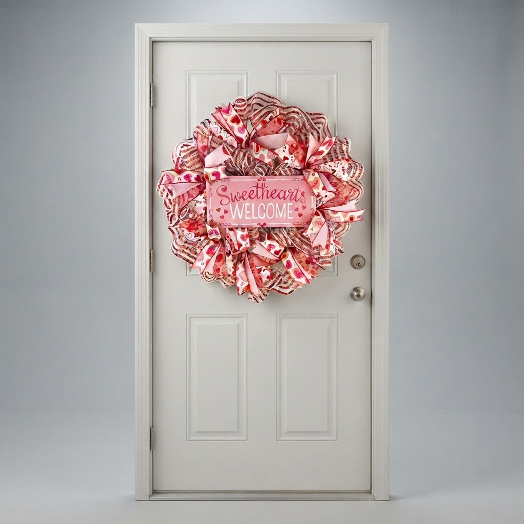 24 inch Valentine's Day wreath displayed on white front door