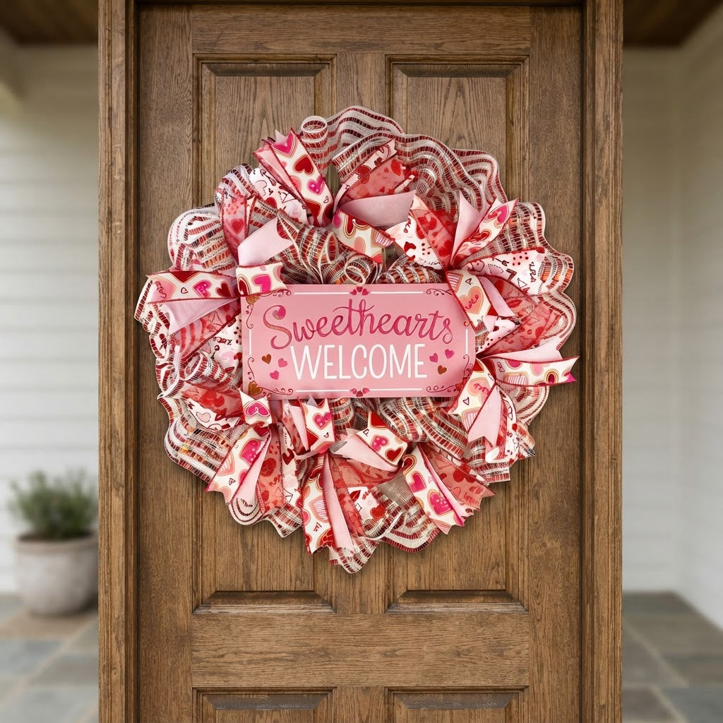 Sweethearts Welcome Valentine wreath displayed on wood front door