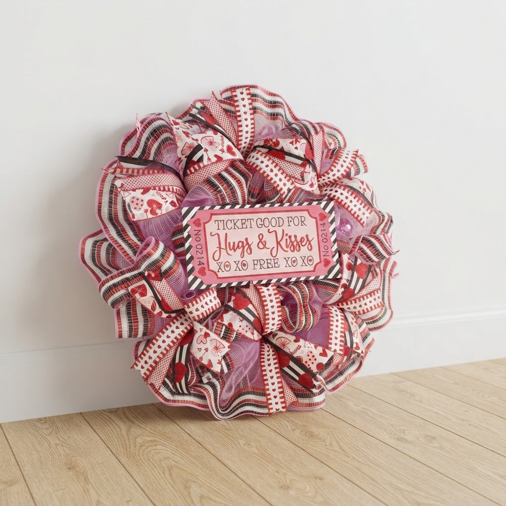 Hugs and Kisses Valentine wreath shown in home