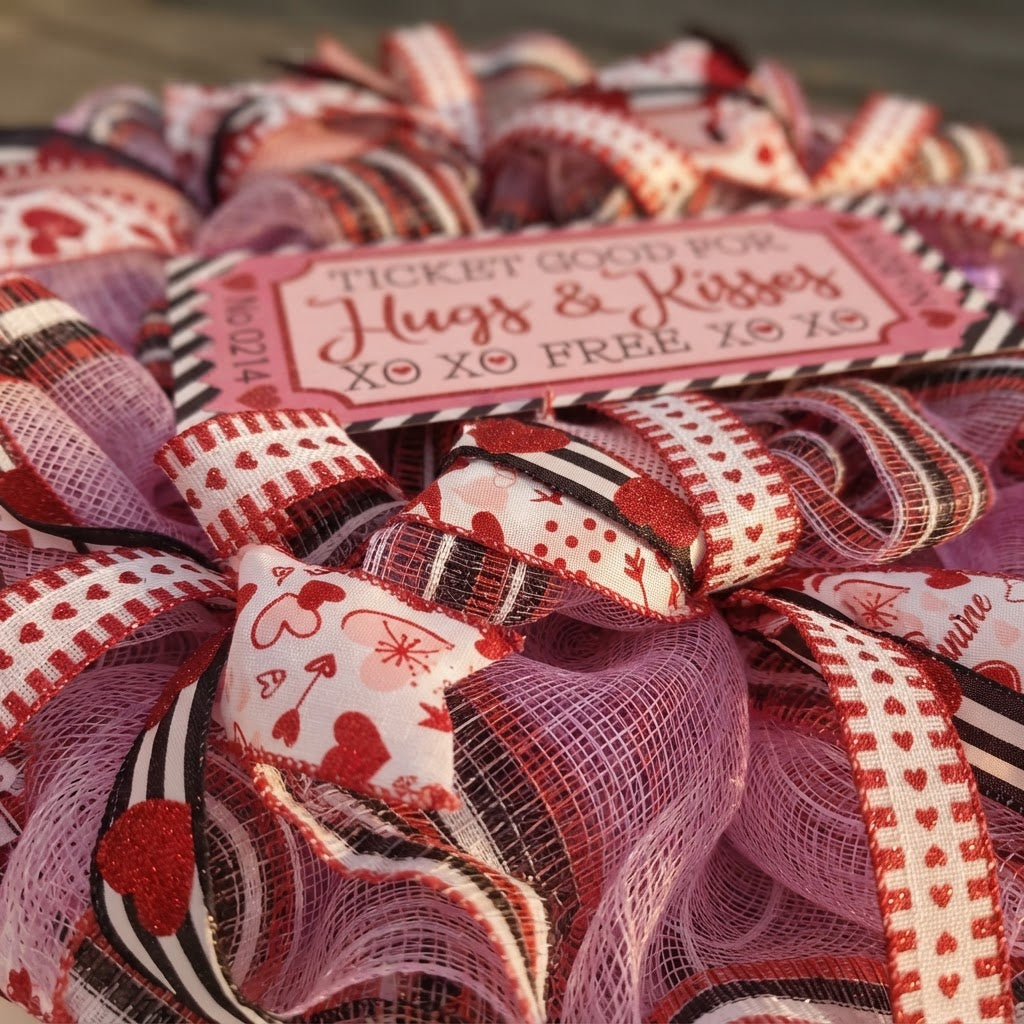 Pink red black and white Valentine deco mesh wreath detail