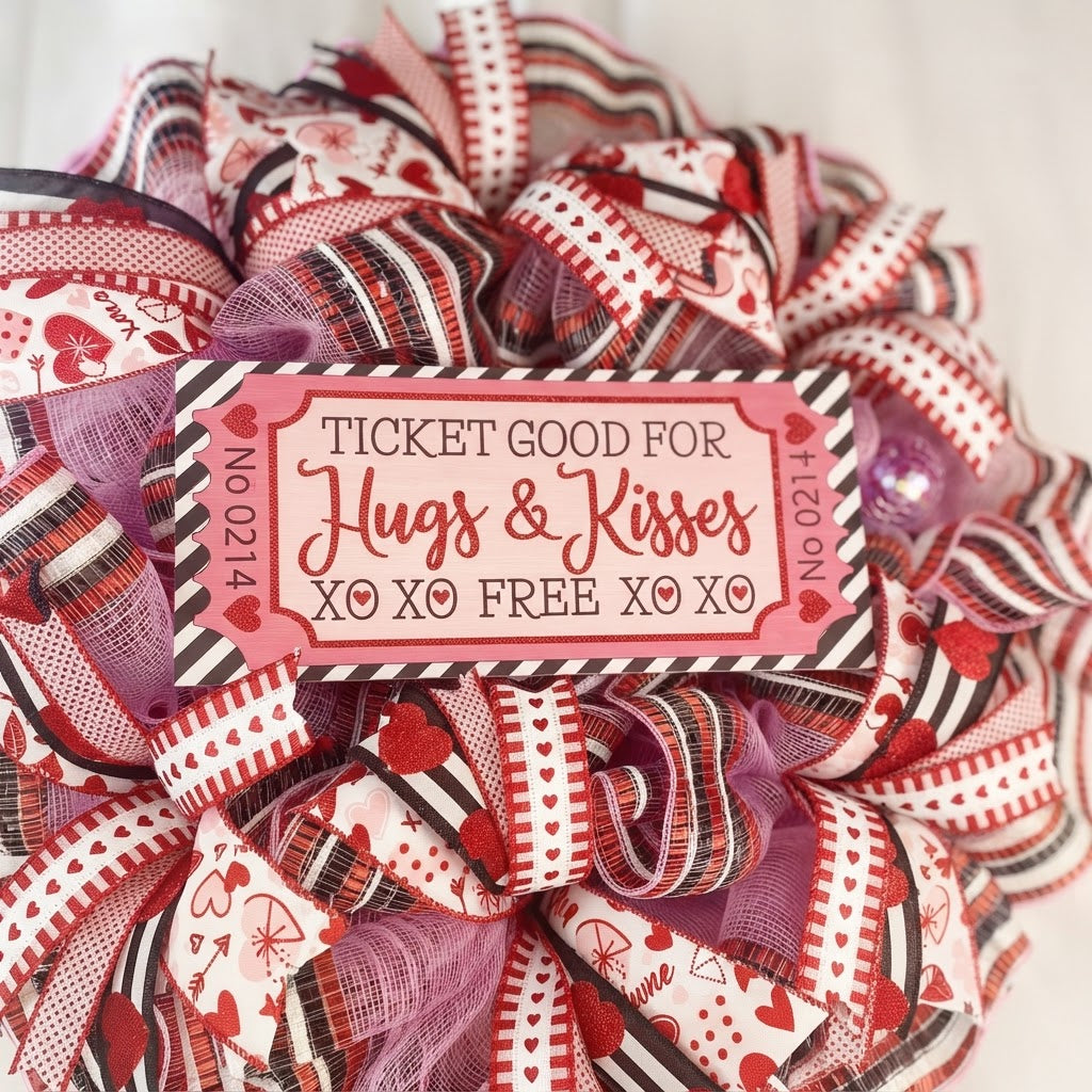 Close-up of Hugs and Kisses Valentine wreath sign and ribbon details