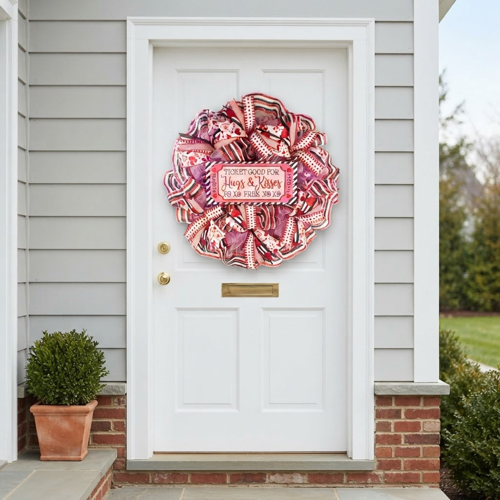 Valentine’s Day wreath displayed on white front door