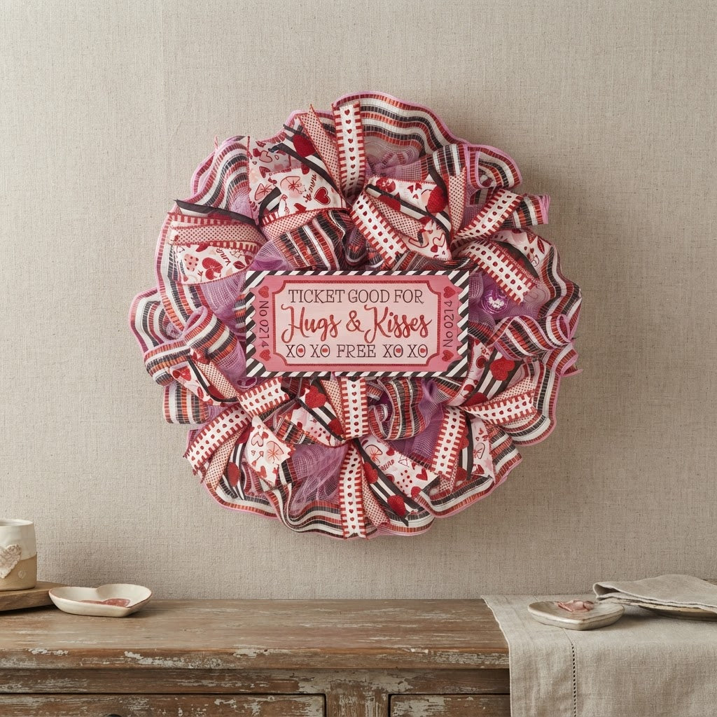 Handmade pink and red Valentine wreath displayed indoors