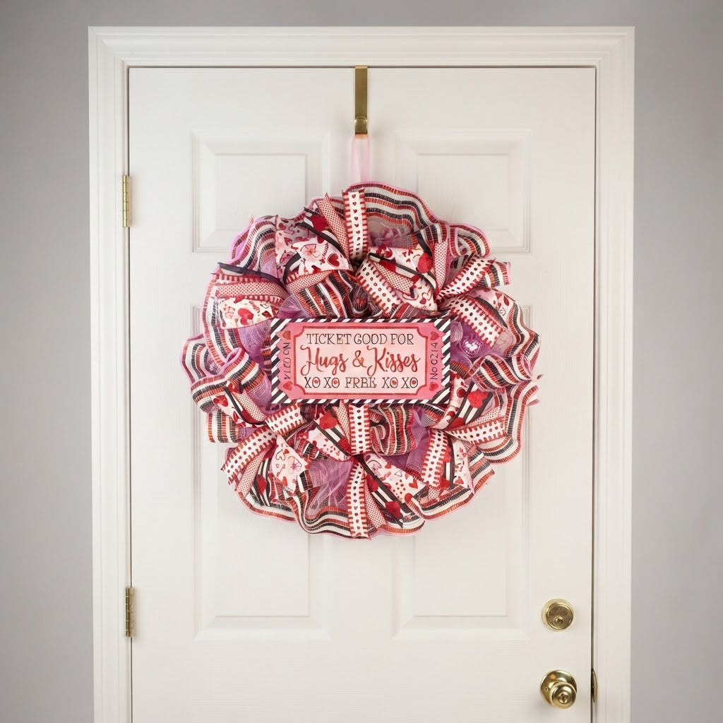 Valentine’s Day wreath displayed on white door