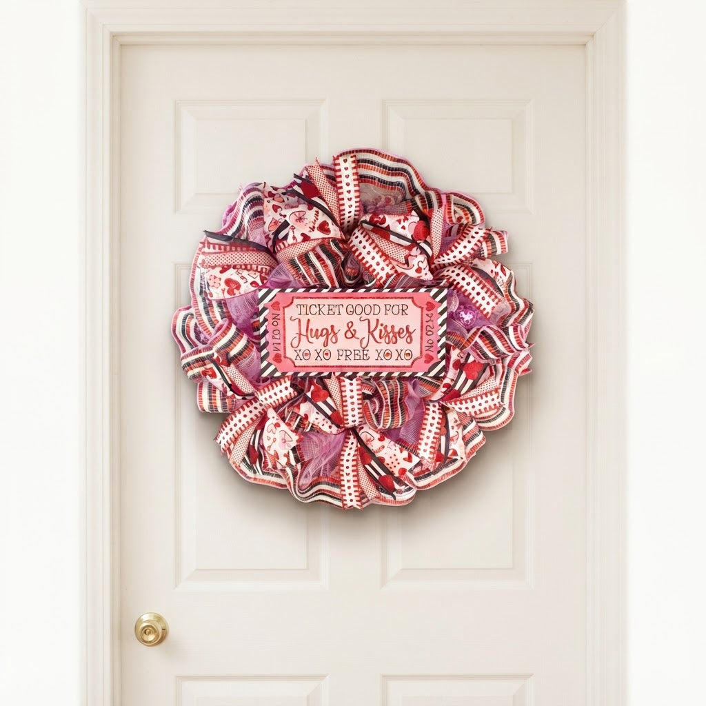 24 inch Valentine’s Day front door wreath with heart ribbons