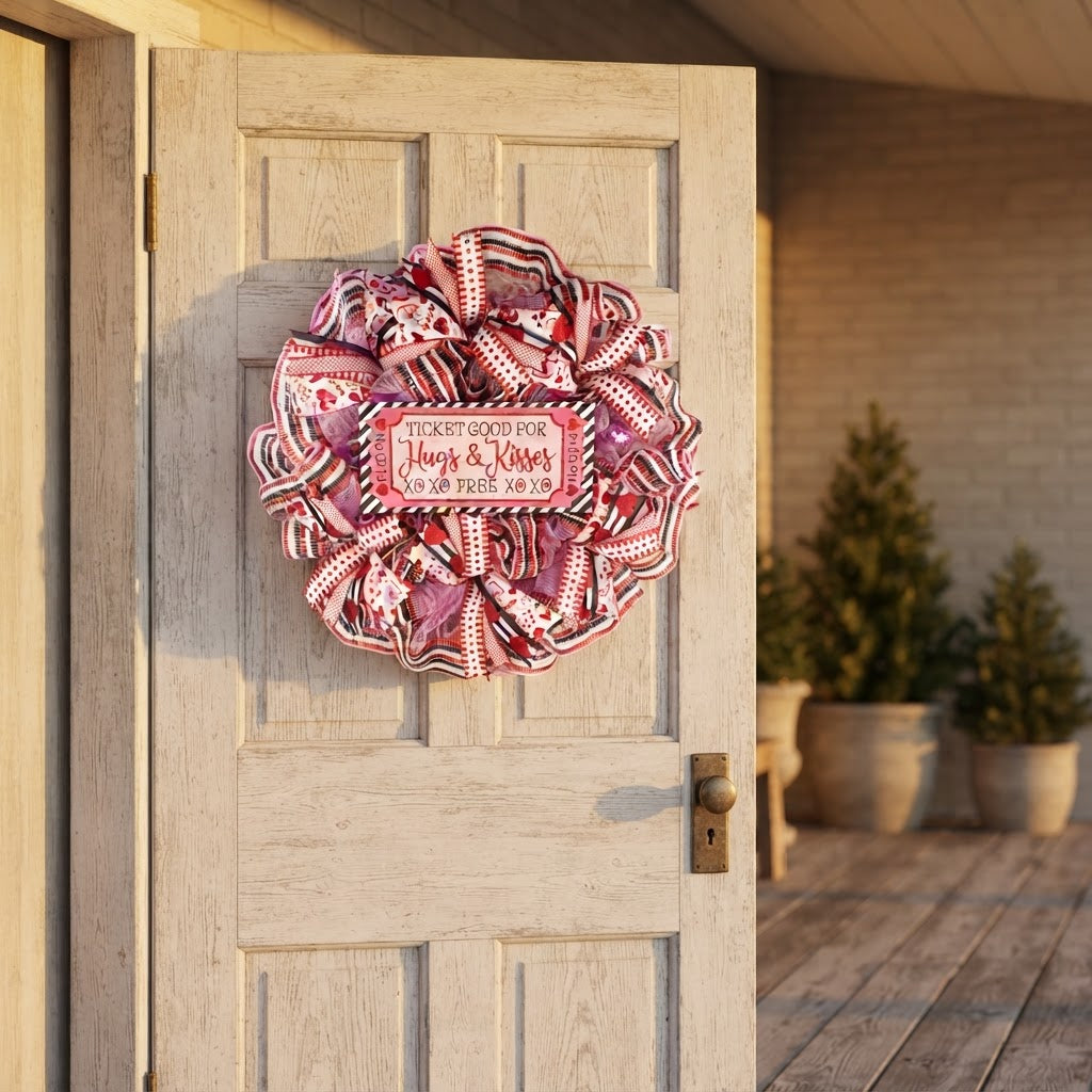 Hugs and Kisses wreath displayed on neutral front door
