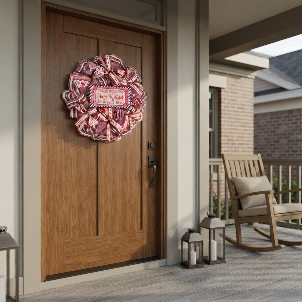 Pink Valentine wreath displayed on rustic wood front door