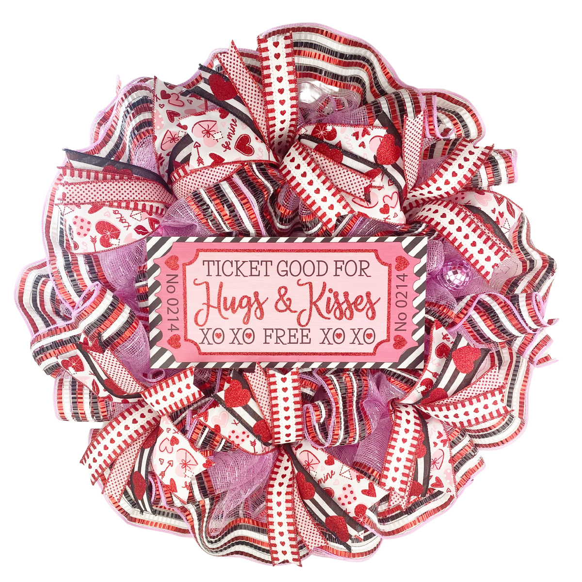 Handmade Hugs and Kisses Valentine’s Day wreath with pink deco mesh and red black white heart ribbons