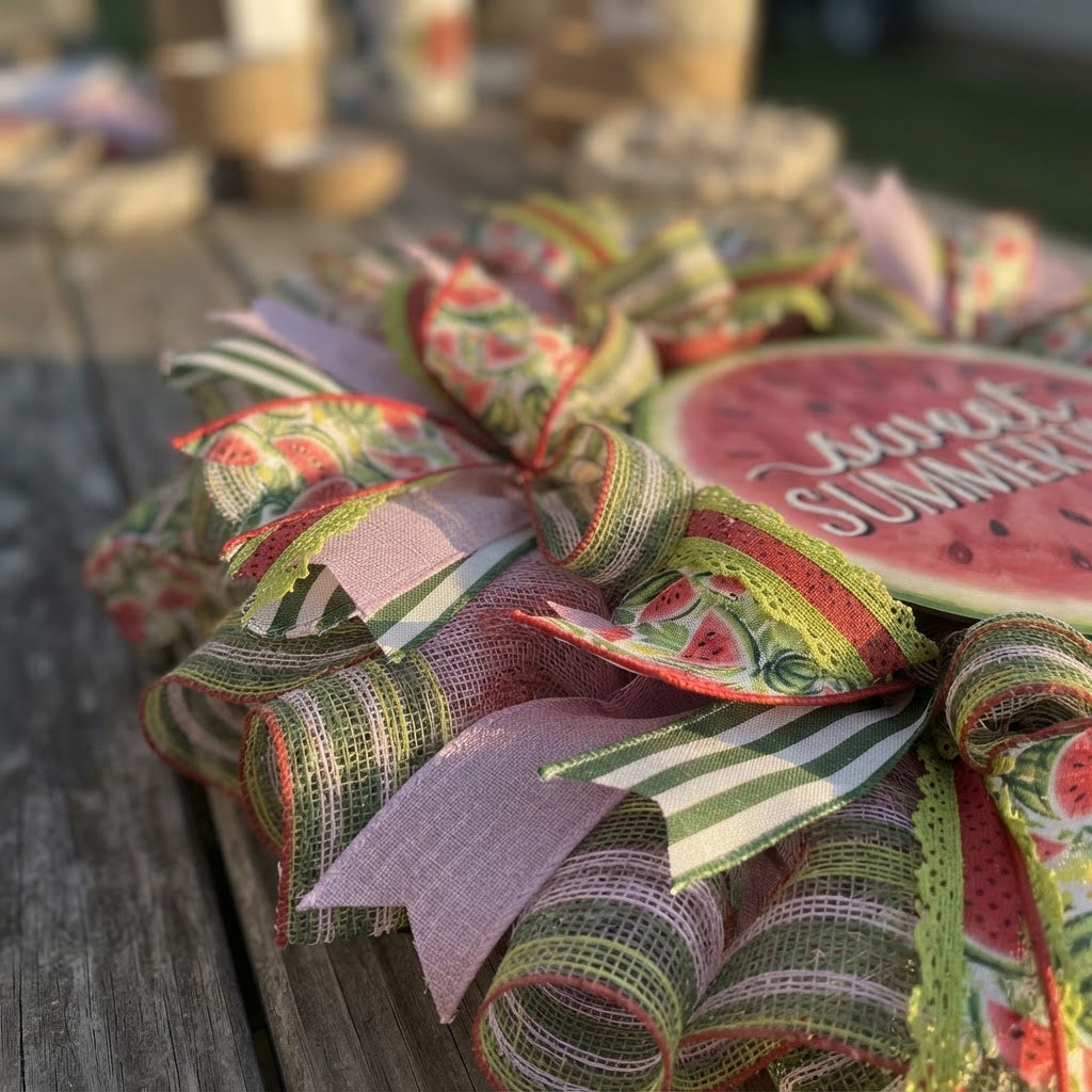 Close-up of designer ribbon detail on handmade watermelon wreath