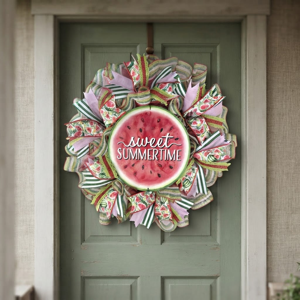 Handmade watermelon wreath displayed on sage green front door