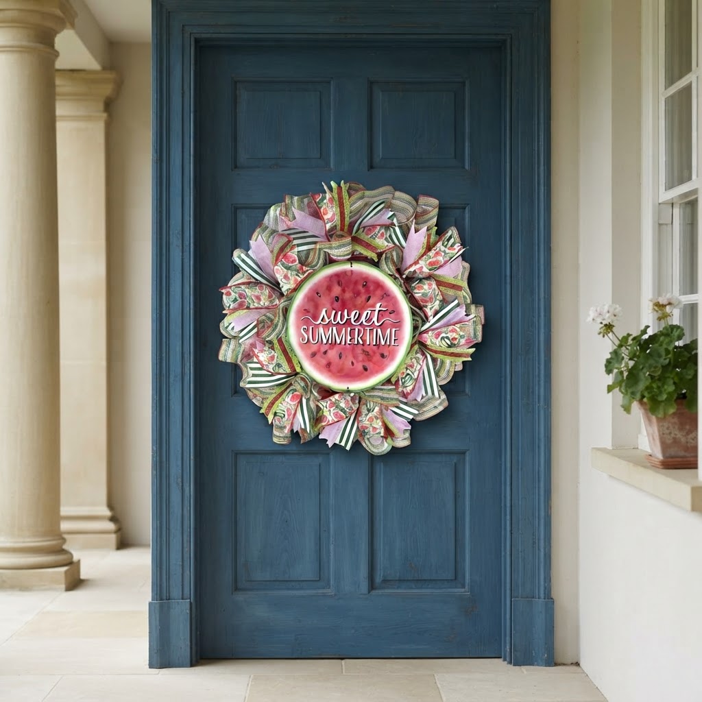 Watermelon mesh wreath displayed on navy blue front door