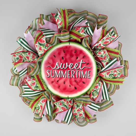 Sweet Summertime watermelon mesh wreath on white background