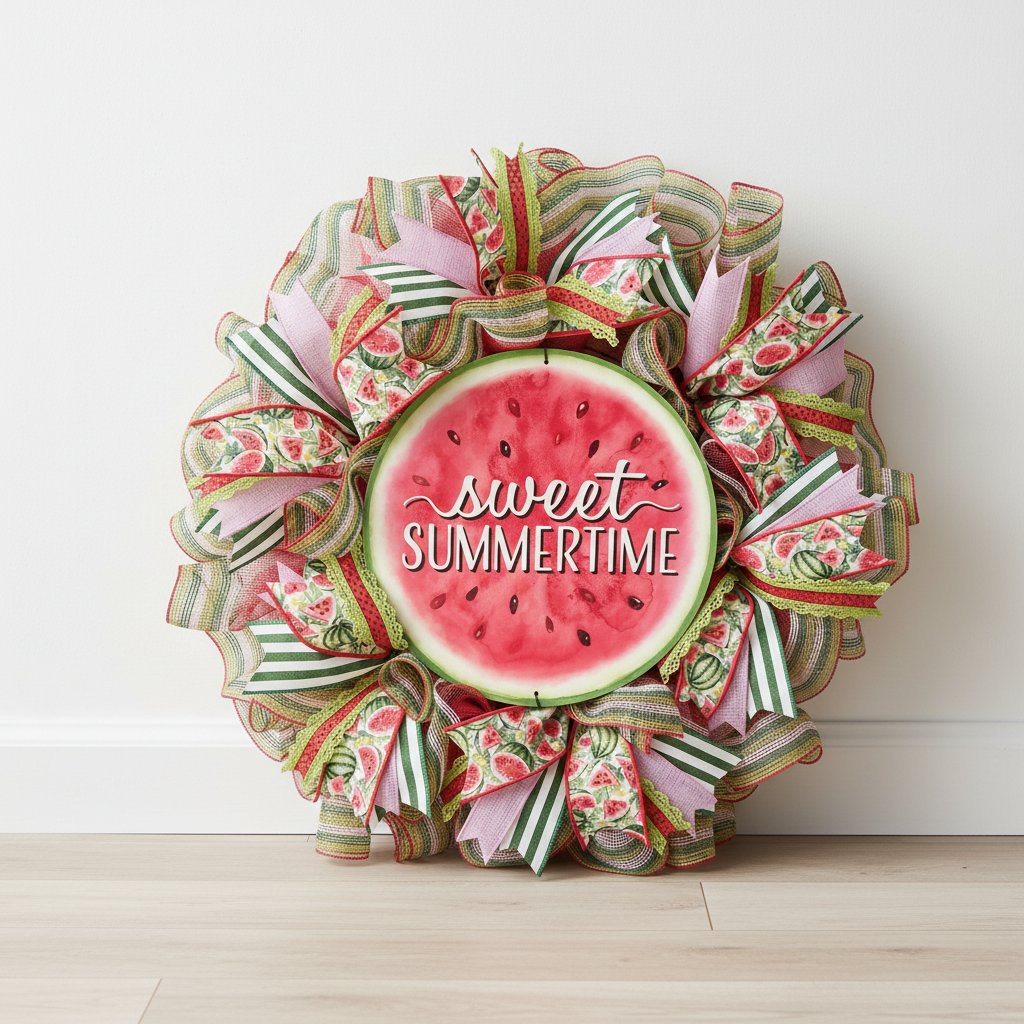 Sweet Summertime watermelon wreath standing for size reference