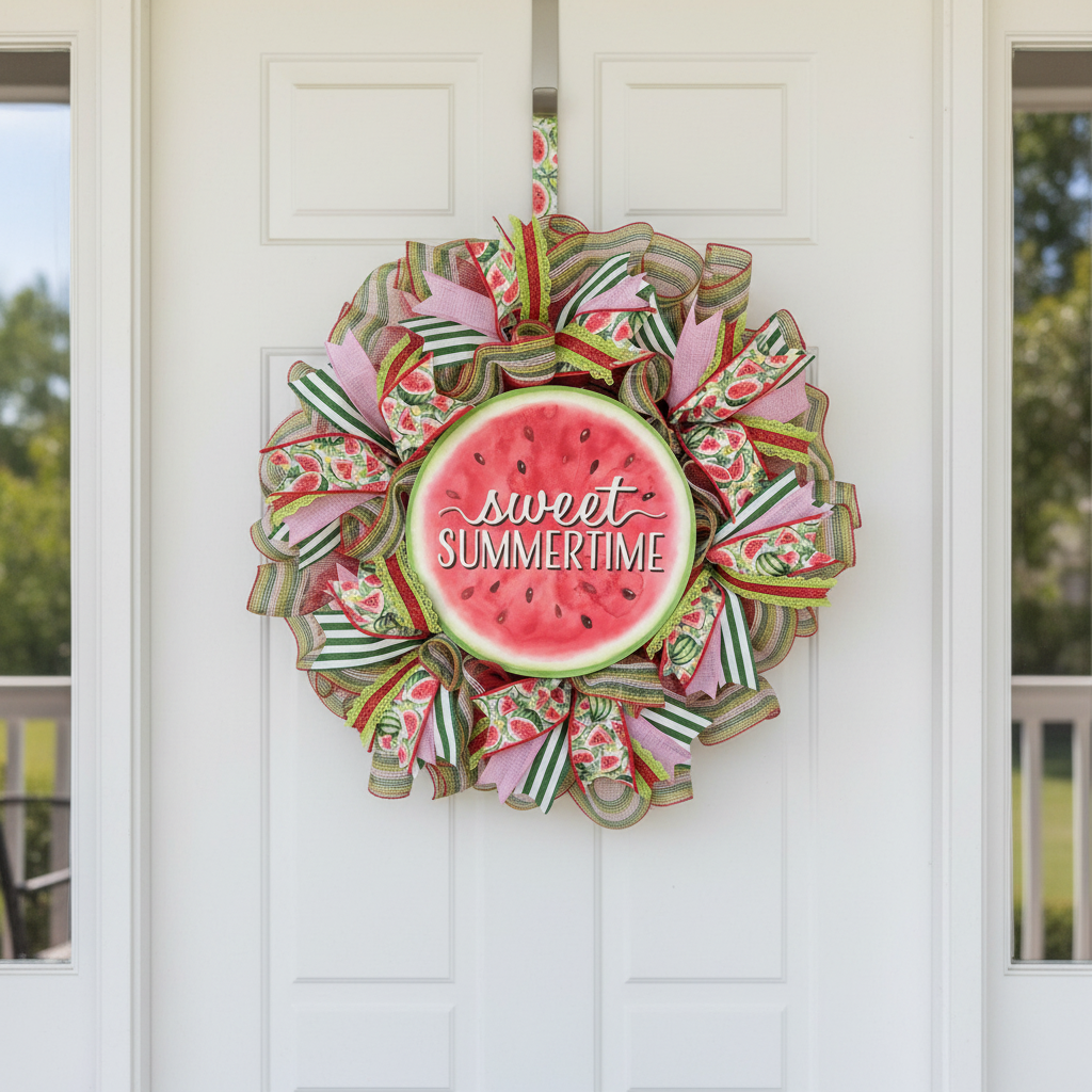 Handmade watermelon summer wreath displayed on white front door