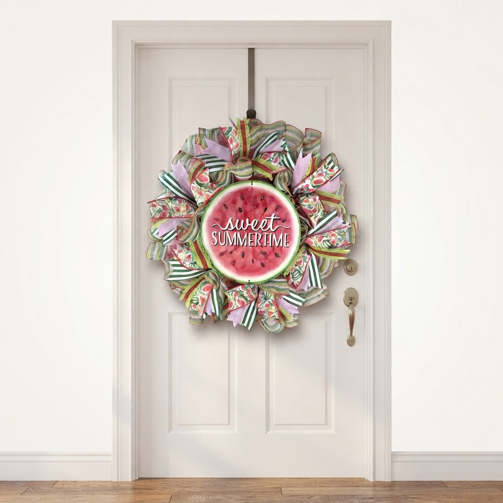Handmade watermelon summer wreath displayed on white front door