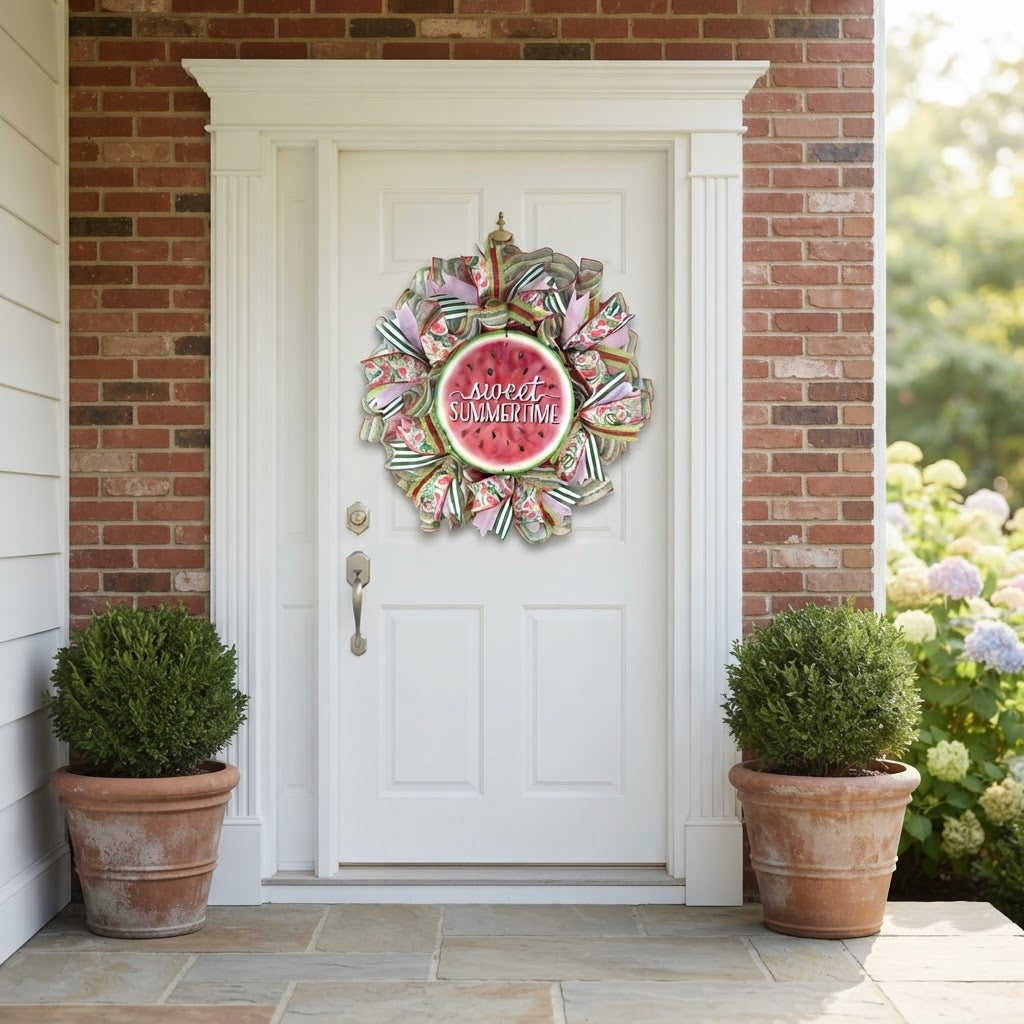 Sweet Summertime watermelon wreath on brick front porch