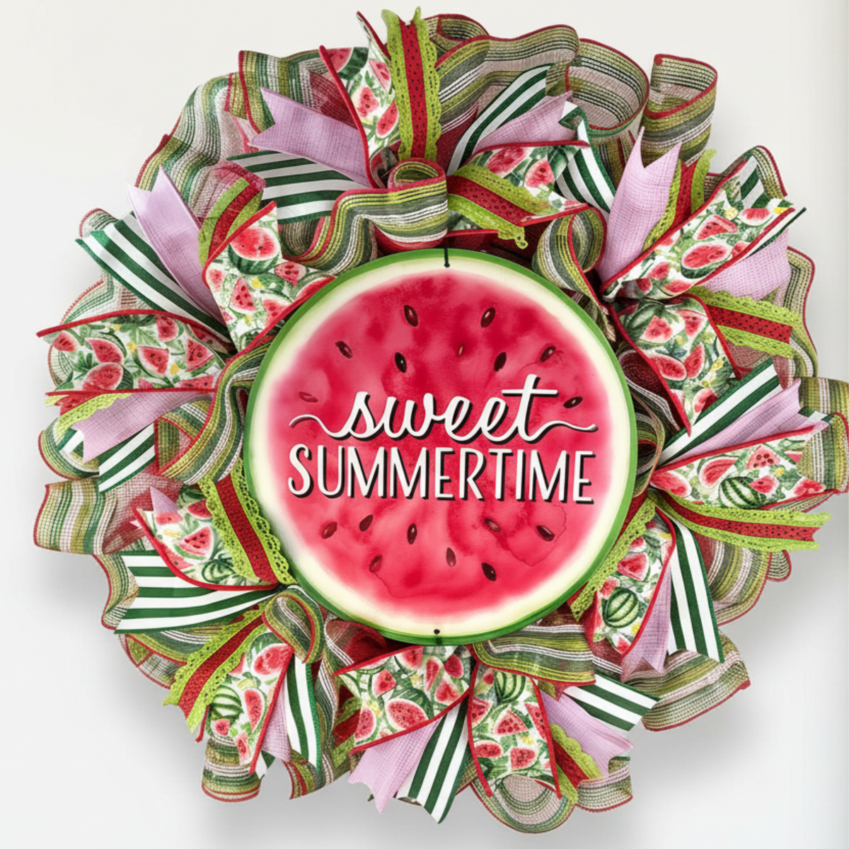 Sweet Summertime watermelon mesh wreath on white background