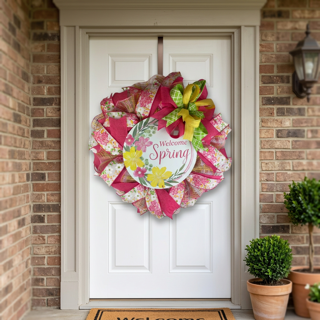 Welcome Spring wreath displayed on a white front door with brick exterior.