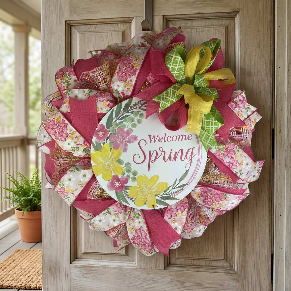 Handmade Welcome Spring mesh wreath hanging on a natural wood front door.