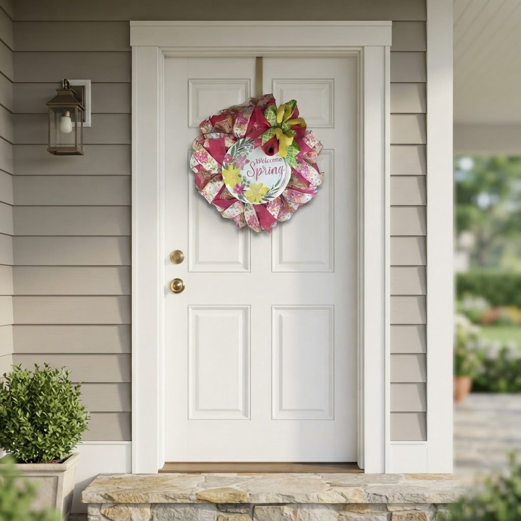 Welcome Spring floral mesh wreath hanging on a front door with a covered porch.