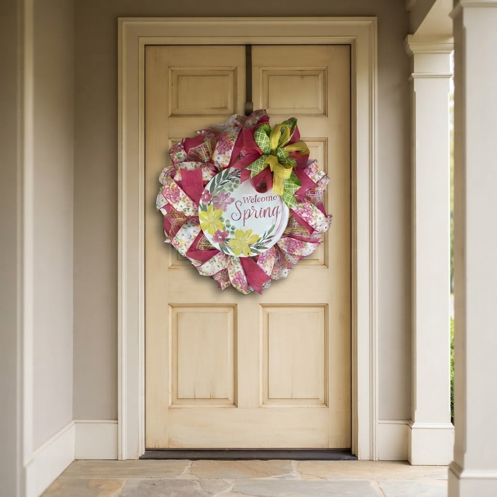 Welcome Spring floral wreath decorating a neutral-colored interior door.