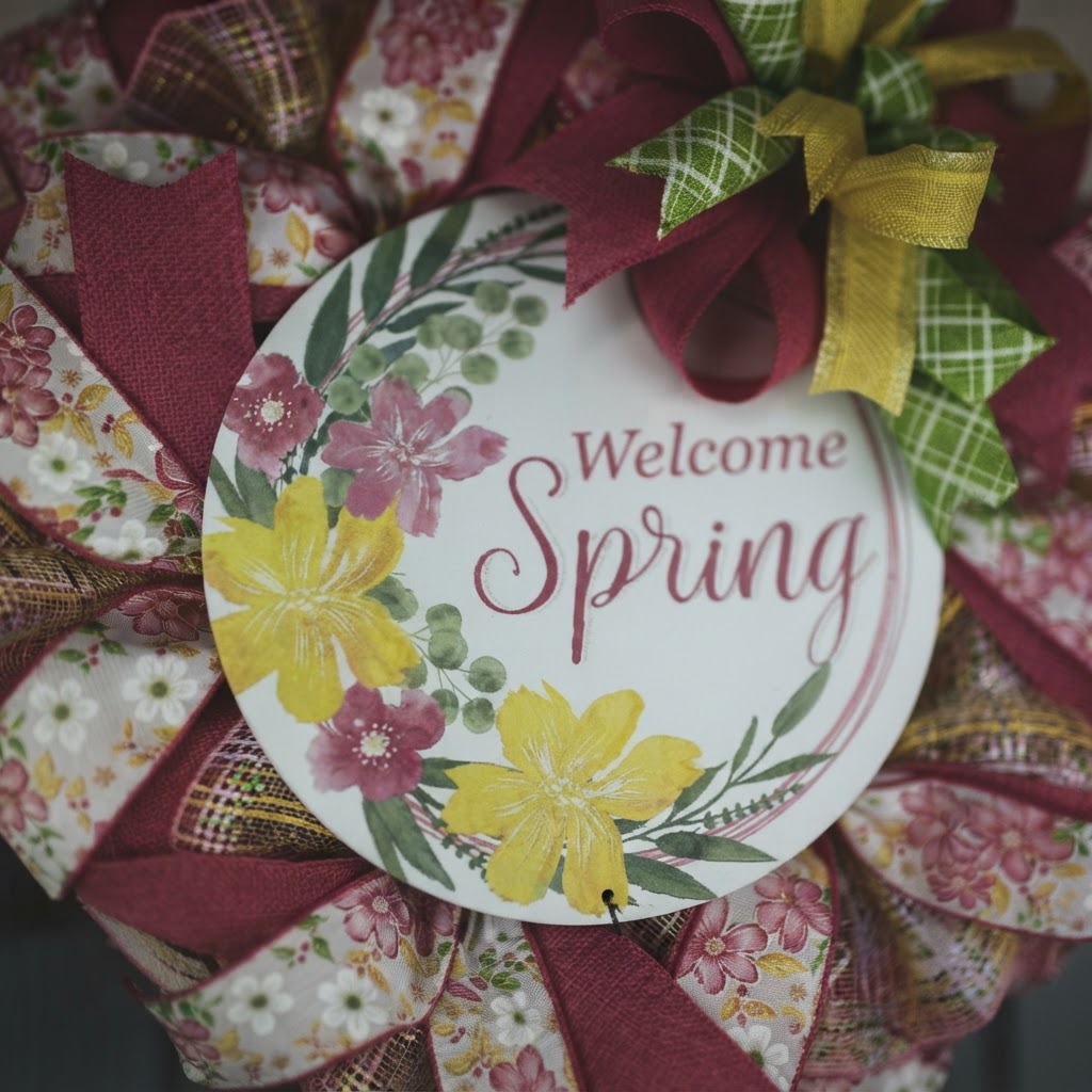 Detailed view of the floral welcome sign, spring ribbons, and premium mesh construction.