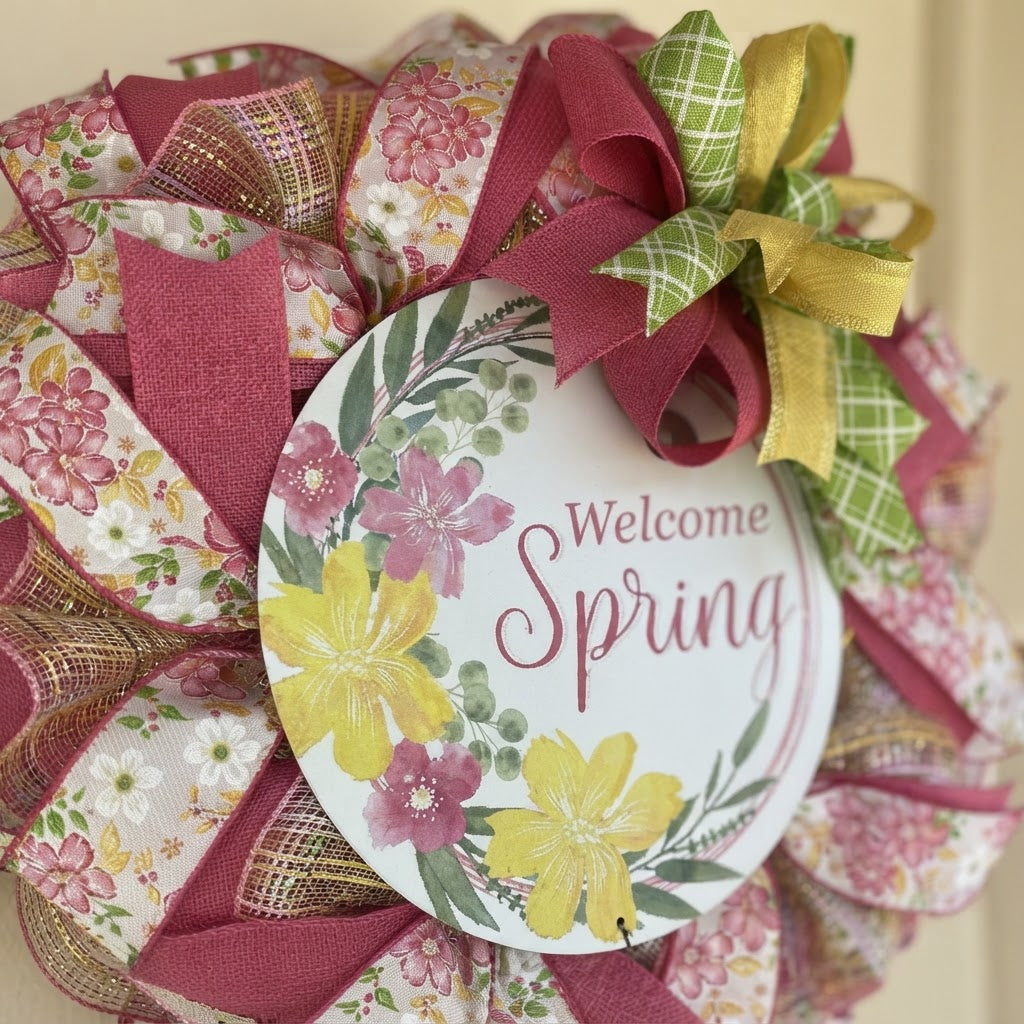 Close-up of the Welcome Spring floral sign and layered designer ribbons.