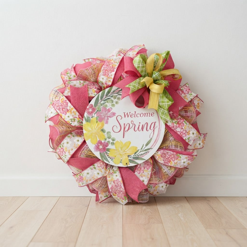 Handmade Welcome Spring wreath displayed against a white wall to showcase its shape and fullness.