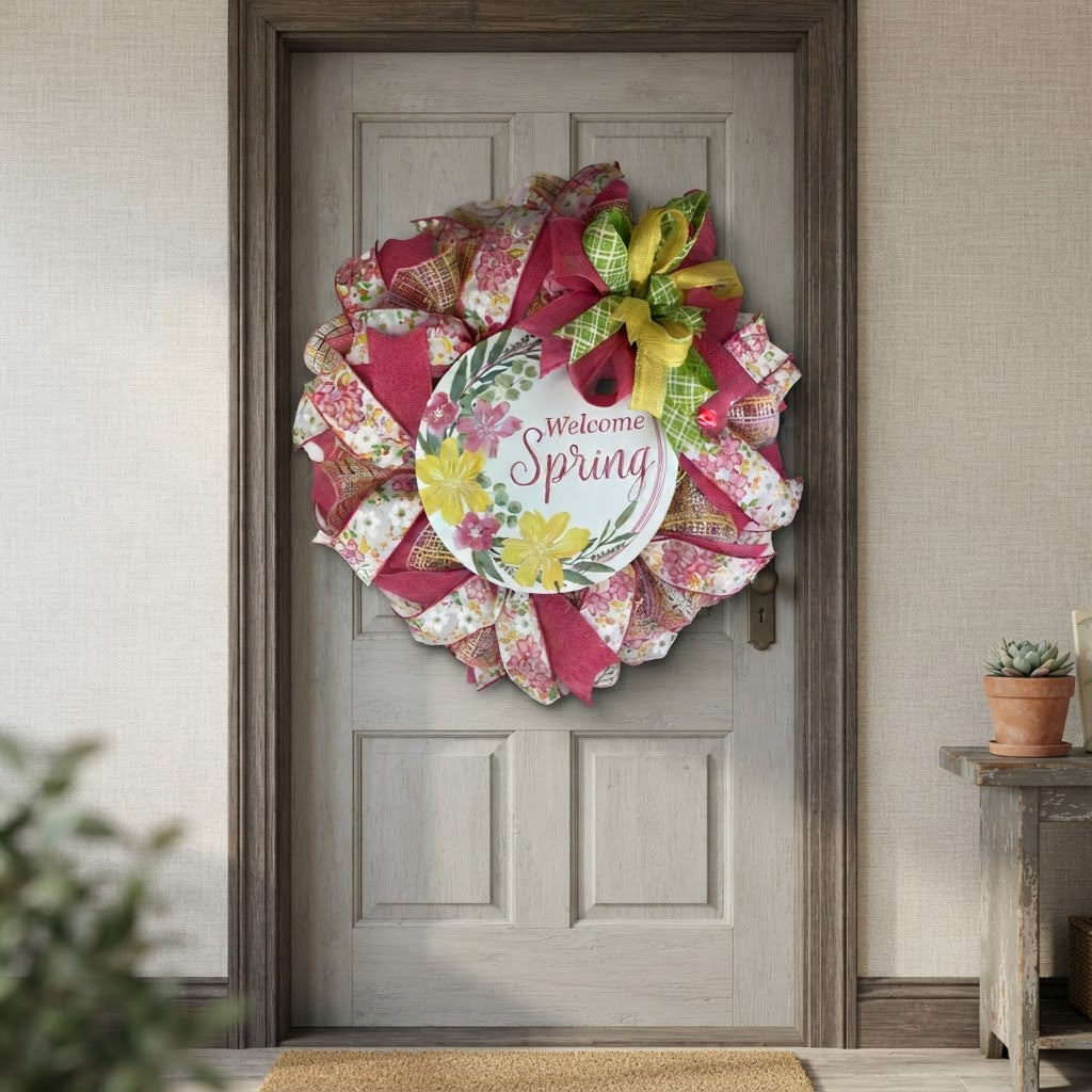 Welcome Spring floral mesh wreath hanging on a front door.