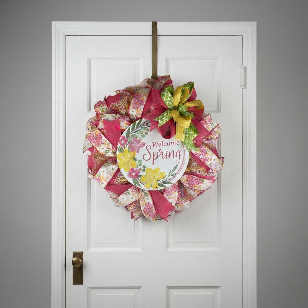 Welcome Spring wreath displayed on a white front door showing the wreath's size and seasonal style.