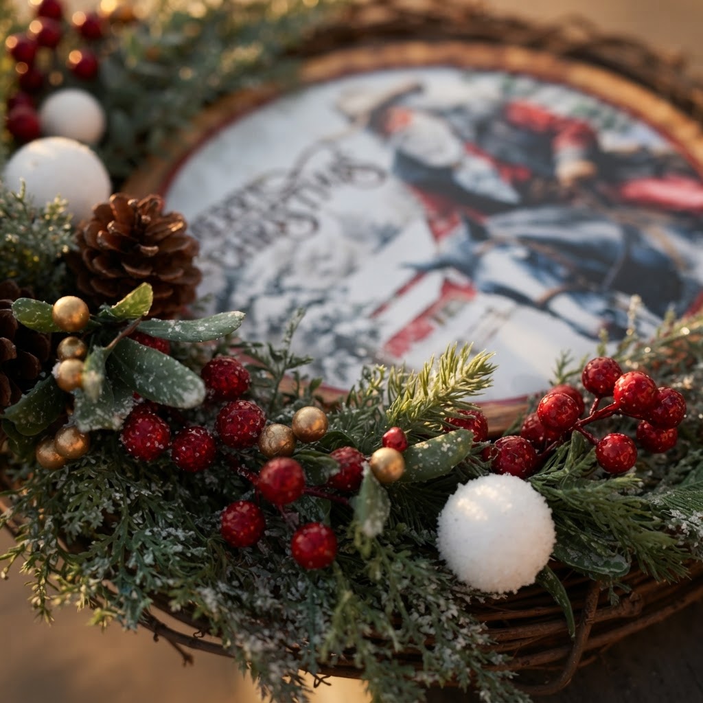 Close-up of pinecones red berries and gold accents on Christmas wreath