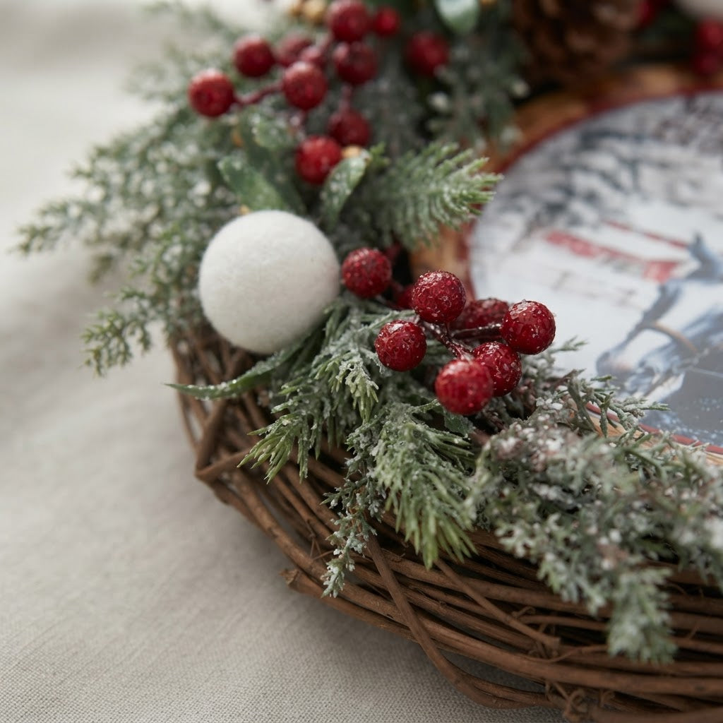 Close-up of white snowball ornaments and red berries on snowy Christmas wreath