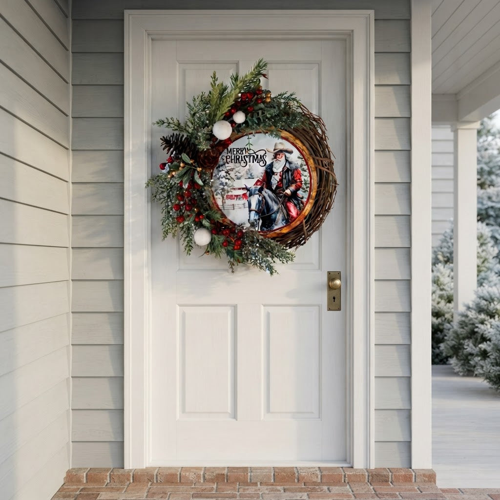 Western Christmas grapevine wreath displayed on snowy white front porch