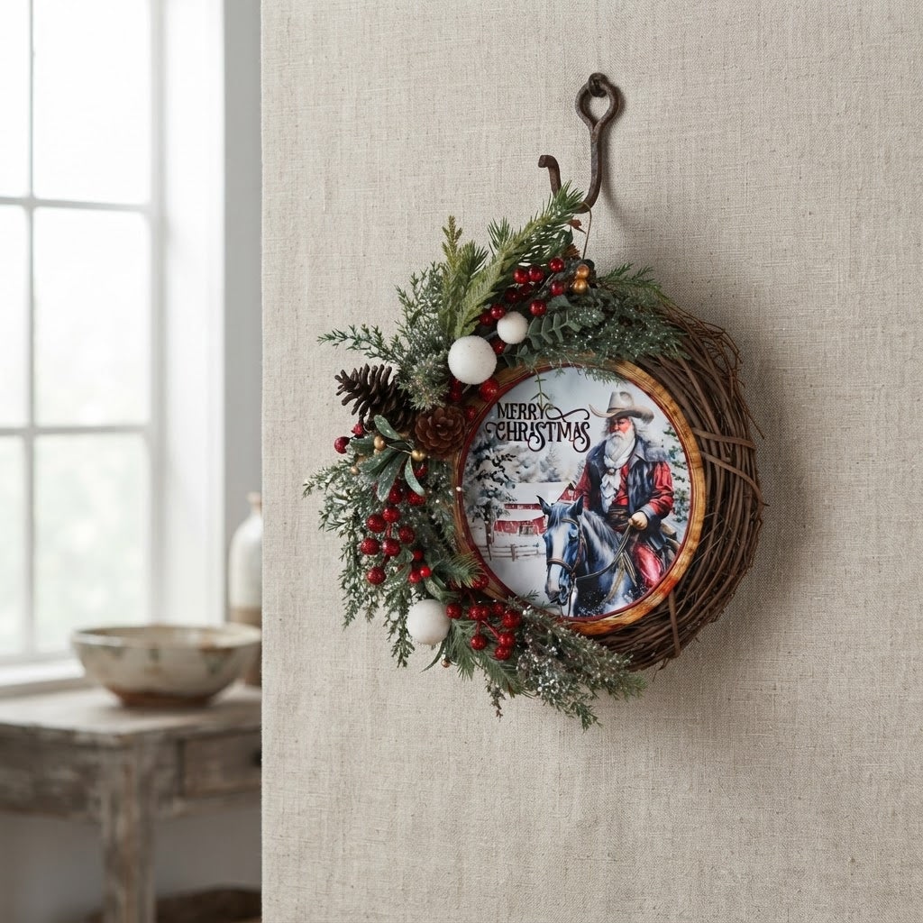 Rustic western Christmas wreath with snowy greenery and cowboy holiday scene