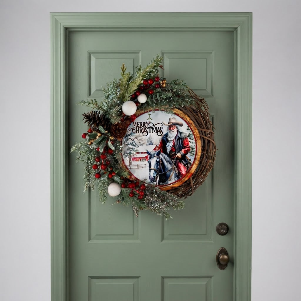 Snowy western Christmas wreath displayed on green front door