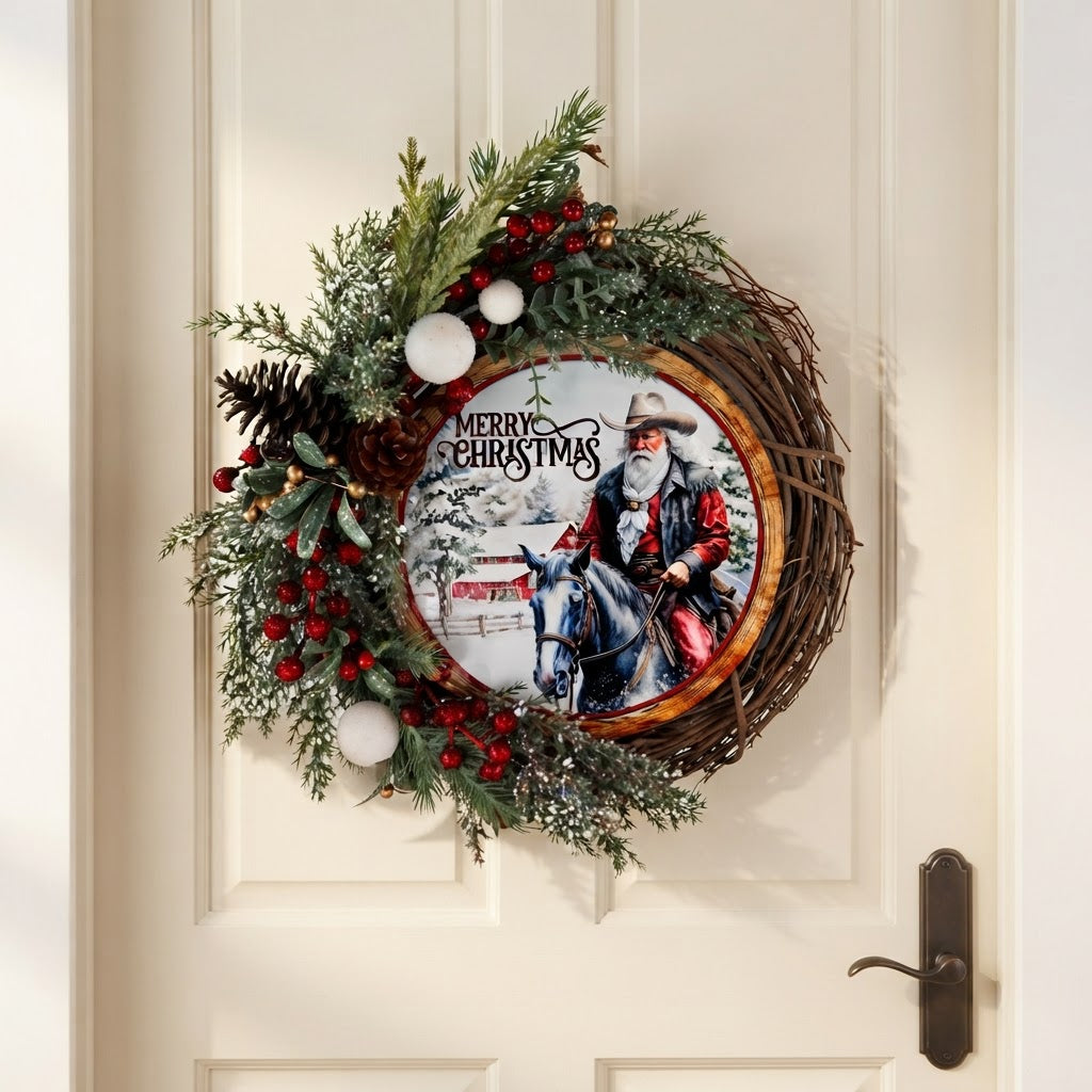 Snowy western Christmas wreath displayed on neutral front door