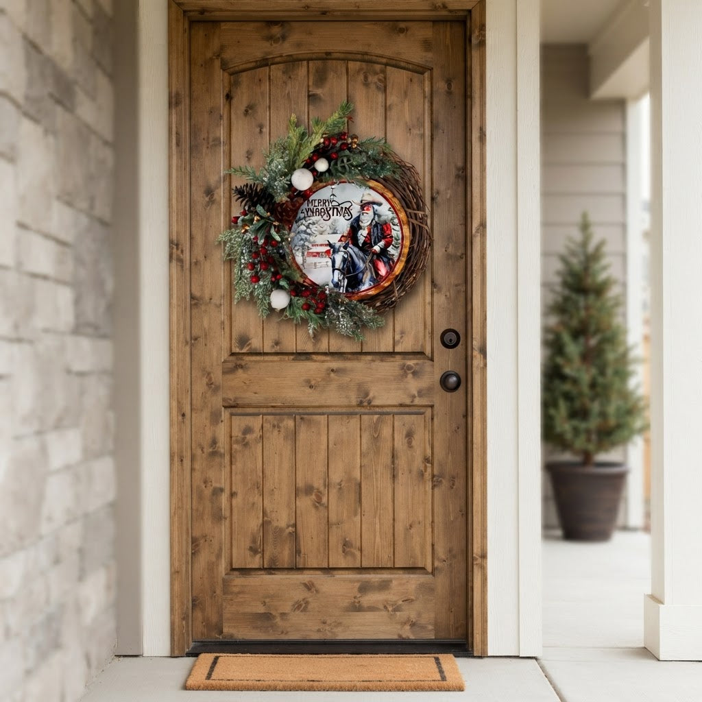 Snowy western Christmas wreath displayed on wood front door